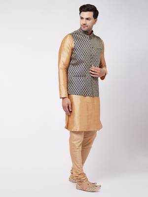 Rose Gold Silk Blend Jacket, Kurta And Pyjama Set 2