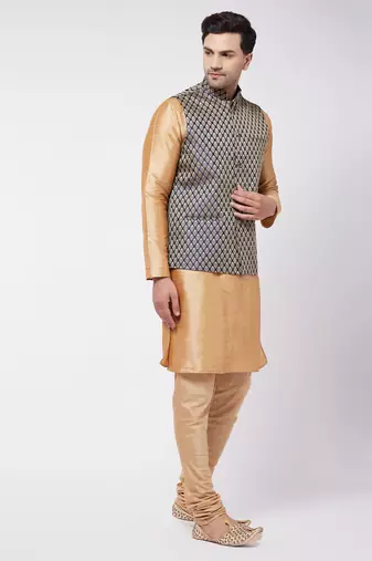Rose Gold Silk Blend Jacket, Kurta And Pyjama Set