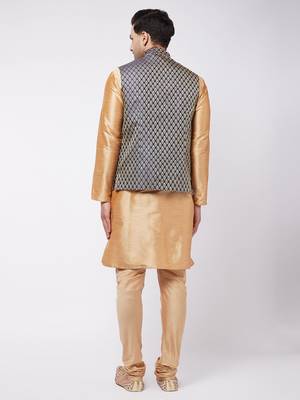 Rose Gold Silk Blend Jacket, Kurta And Pyjama Set 3