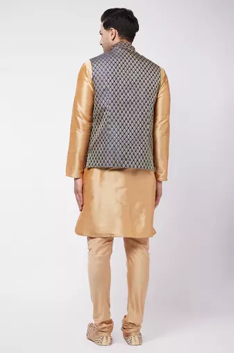 Rose Gold Silk Blend Jacket, Kurta And Pyjama Set