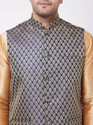 Rose Gold Silk Blend Jacket, Kurta And Pyjama Set 4
