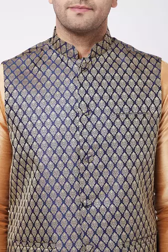 Rose Gold Silk Blend Jacket, Kurta And Pyjama Set