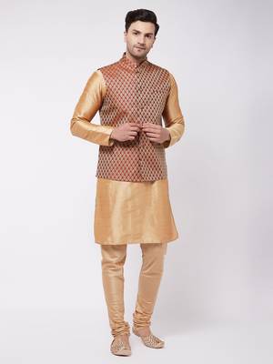Rose Gold Silk Blend Jacket, Kurta And Pyjama Set 1