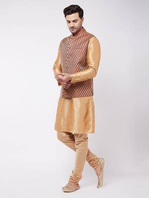 Rose Gold Silk Blend Jacket, Kurta And Pyjama Set 2