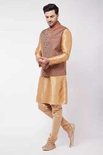 Rose Gold Silk Blend Jacket, Kurta And Pyjama Set