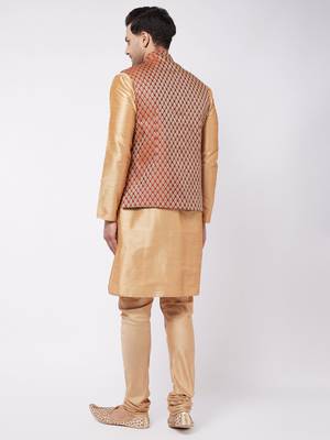 Rose Gold Silk Blend Jacket, Kurta And Pyjama Set 3