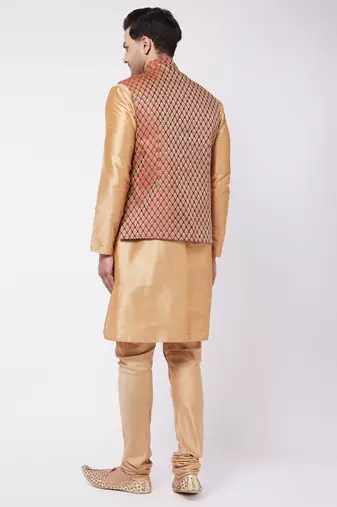 Rose Gold Silk Blend Jacket, Kurta And Pyjama Set