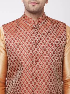 Rose Gold Silk Blend Jacket, Kurta And Pyjama Set 4