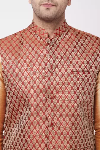 Rose Gold Silk Blend Jacket, Kurta And Pyjama Set