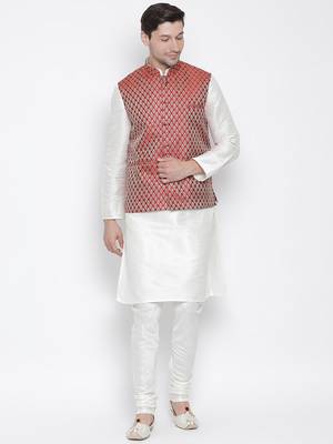 White Silk Blend Jacket, Kurta And Pyjama Set 1