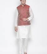 White Silk Blend Jacket, Kurta And Pyjama Set