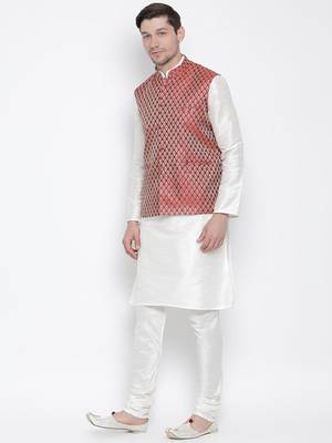 White Silk Blend Jacket, Kurta And Pyjama Set 2