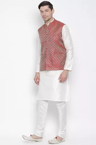 White Silk Blend Jacket, Kurta And Pyjama Set