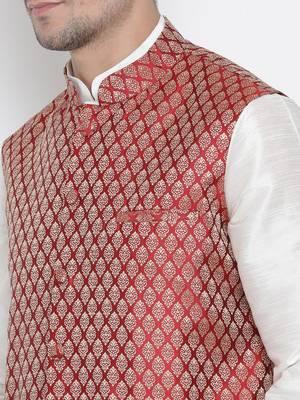 White Silk Blend Jacket, Kurta And Pyjama Set 3