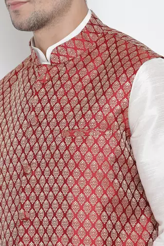 White Silk Blend Jacket, Kurta And Pyjama Set