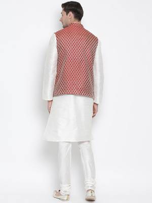 White Silk Blend Jacket, Kurta And Pyjama Set 4