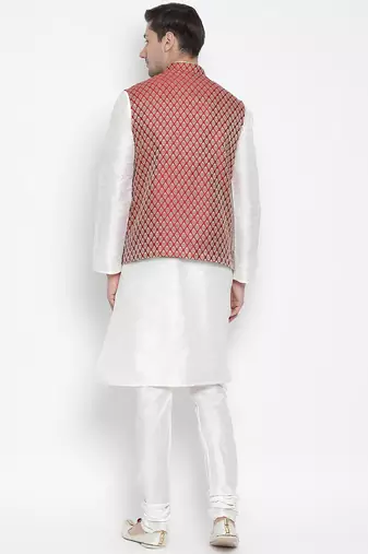 White Silk Blend Jacket, Kurta And Pyjama Set