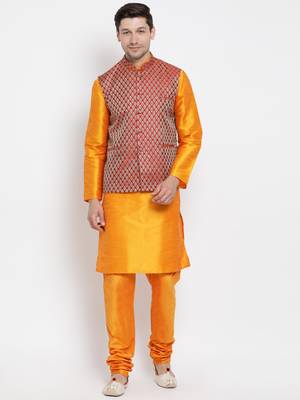 Men'S Orange Silk Blend Jacket, Kurta And Pyjama Set 1
