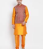 Men'S Orange Silk Blend Jacket, Kurta And Pyjama Set