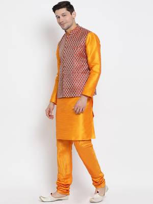 Men'S Orange Silk Blend Jacket, Kurta And Pyjama Set 2