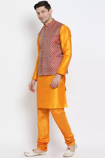 Men'S Orange Silk Blend Jacket, Kurta And Pyjama Set