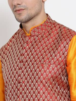 Men'S Orange Silk Blend Jacket, Kurta And Pyjama Set 3