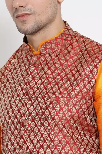 Men'S Orange Silk Blend Jacket, Kurta And Pyjama Set