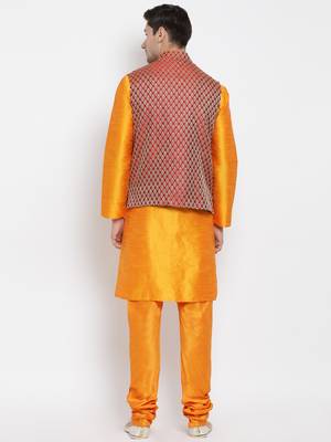 Men'S Orange Silk Blend Jacket, Kurta And Pyjama Set 4