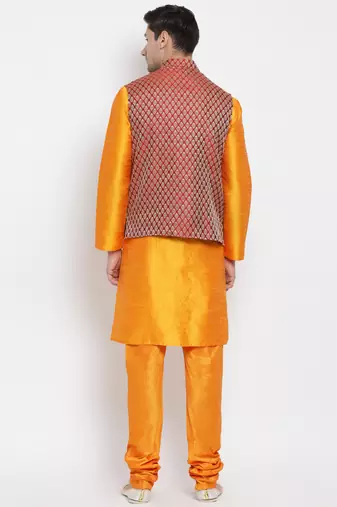 Men'S Orange Silk Blend Jacket, Kurta And Pyjama Set