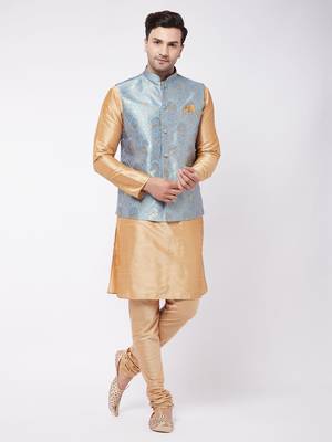 Grey And Rose Gold Silk Blend Jacket, Kurta And Pyjama Set 1