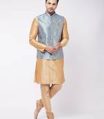 Men'S Grey And Rose Gold Silk Blend Jacket, Kurta And Pyjama Set