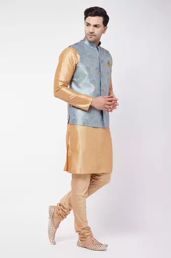 Grey And Rose Gold Silk Blend Jacket, Kurta And Pyjama Set