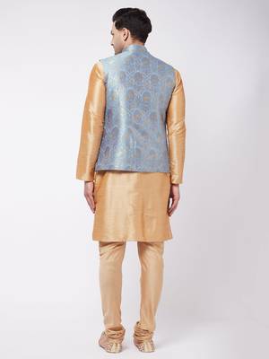 Grey And Rose Gold Silk Blend Jacket, Kurta And Pyjama Set 3