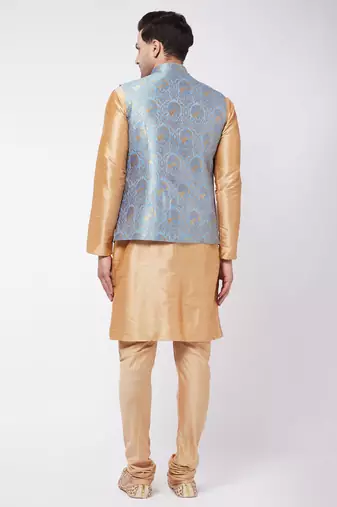 Grey And Rose Gold Silk Blend Jacket, Kurta And Pyjama Set