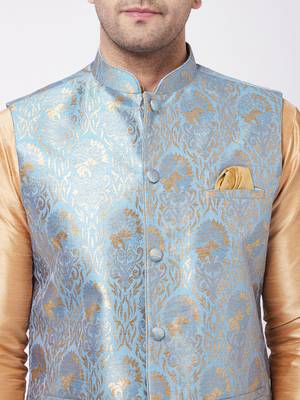 Grey And Rose Gold Silk Blend Jacket, Kurta And Pyjama Set 4