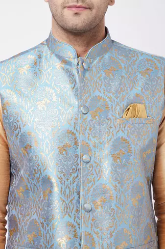 Grey And Rose Gold Silk Blend Jacket, Kurta And Pyjama Set