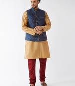 Rose Gold, Blue And Maroon Silk Blend Jacket, Kurta And Pyjama Set