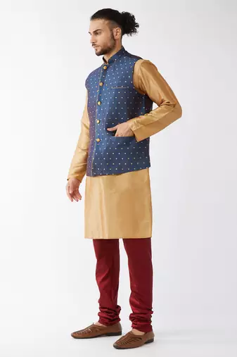 Rose Gold, Blue And Maroon Silk Blend Jacket, Kurta And Pyjama Set