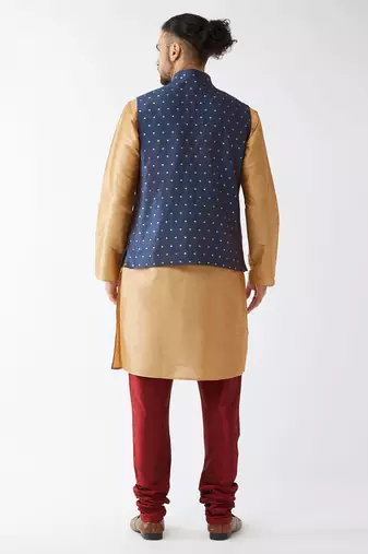 Rose Gold, Blue And Maroon Silk Blend Jacket, Kurta And Pyjama Set