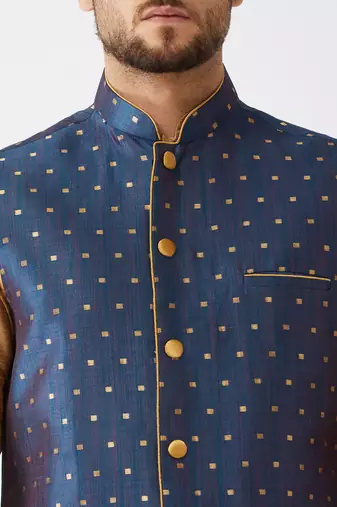 Rose Gold, Blue And Maroon Silk Blend Jacket, Kurta And Pyjama Set