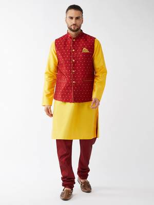 Yellow And Maroon Silk Blend Jacket, Kurta And Pyjama Set 1