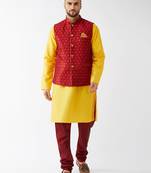 Yellow And Maroon Silk Blend Jacket, Kurta And Pyjama Set