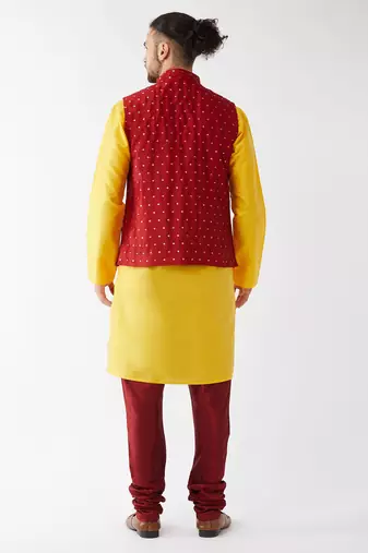 Yellow And Maroon Silk Blend Jacket, Kurta And Pyjama Set