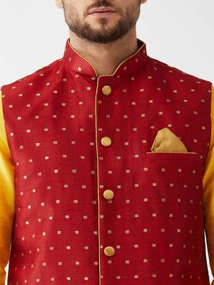 Yellow And Maroon Silk Blend Jacket, Kurta And Pyjama Set 4