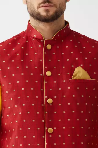 Yellow And Maroon Silk Blend Jacket, Kurta And Pyjama Set
