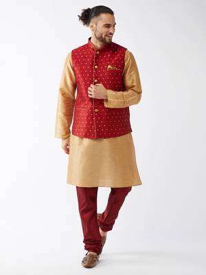 Rose Gold And Maroon Silk Blend Jacket, Kurta And Pyjama Set 1