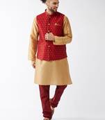 Rose Gold And Maroon Silk Blend Jacket, Kurta And Pyjama Set
