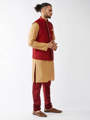 Rose Gold And Maroon Silk Blend Jacket, Kurta And Pyjama Set 2