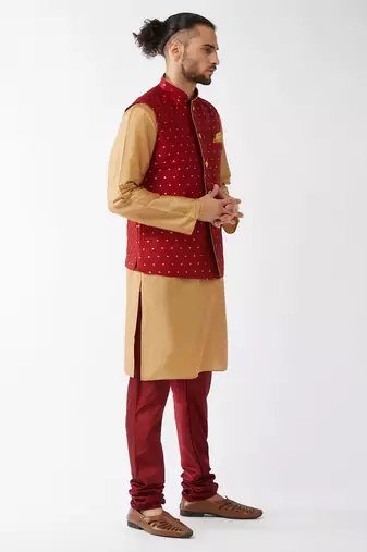 Rose Gold And Maroon Silk Blend Jacket, Kurta And Pyjama Set