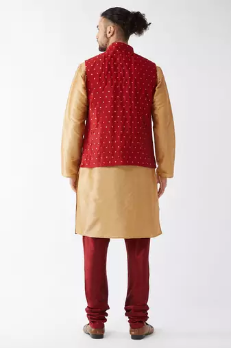 Rose Gold And Maroon Silk Blend Jacket, Kurta And Pyjama Set